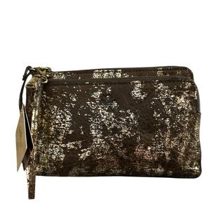 NWT Patricia Nash bronze gold metallic leather double zipper wristlet rem strap